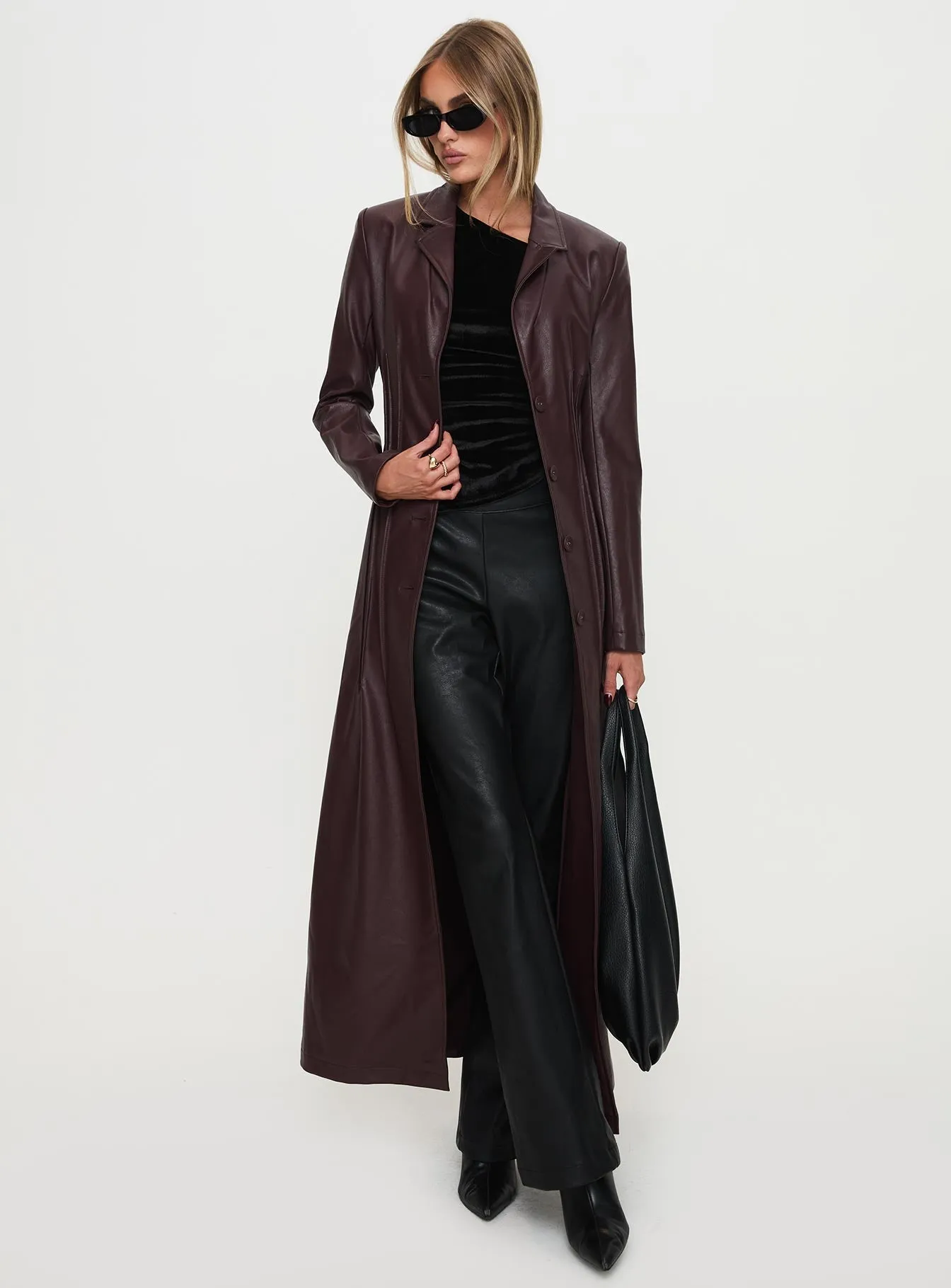 Fashionkova Speak Easy Long Line Faux Leather Coat Burgundy