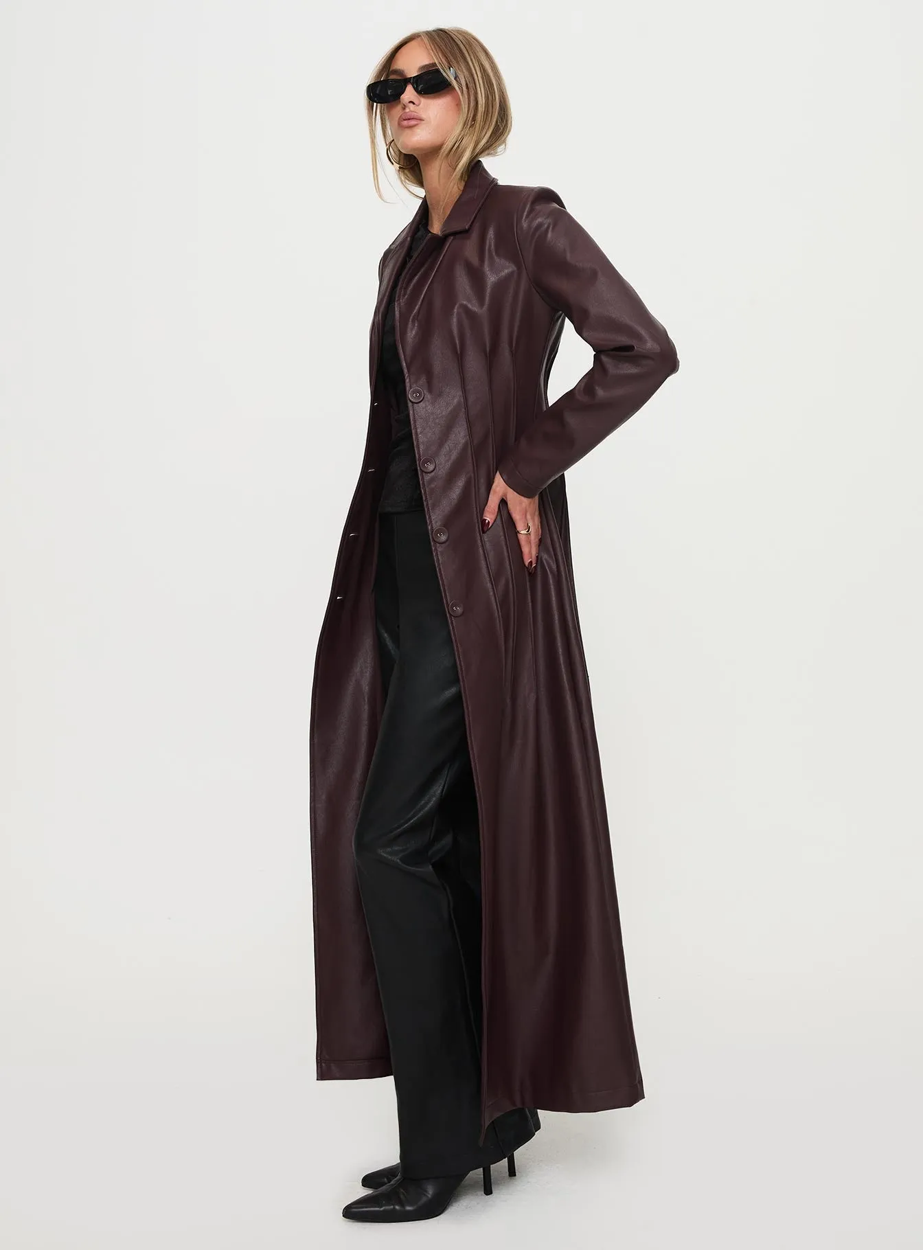 Fashionkova Speak Easy Long Line Faux Leather Coat Burgundy