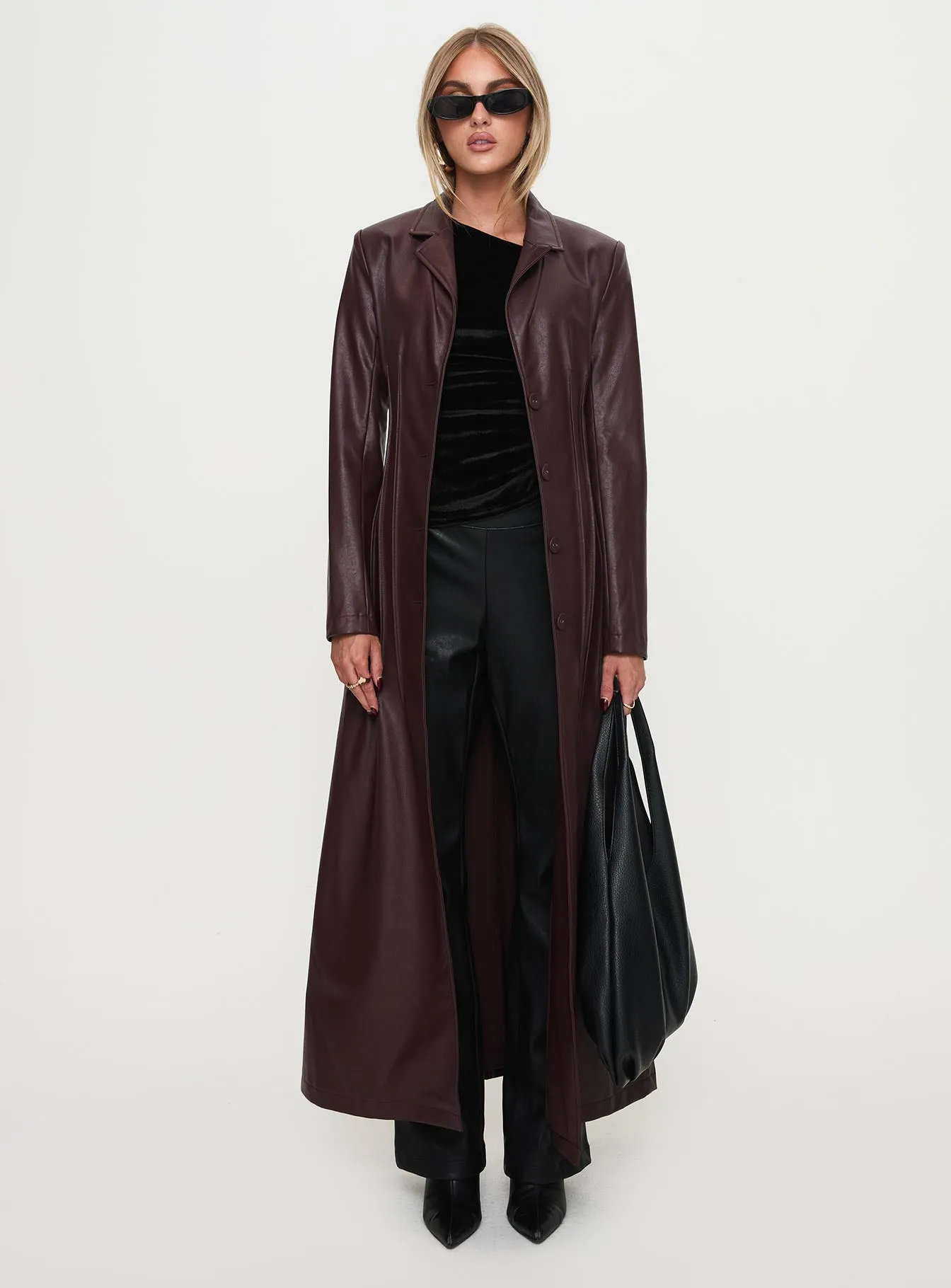 Fashionkova Speak Easy Long Line Faux Leather Coat Burgundy