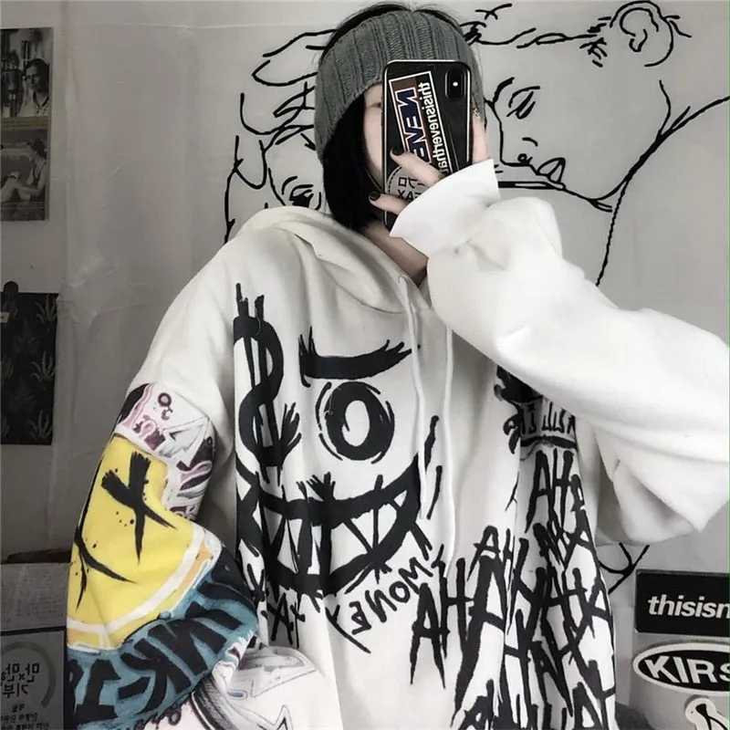 Fashionkova  Women Gothic Hip Hop Hoodie Sweatshirt Spring Autumn Y2K Cartoon Print Punk Oversize Hoodies Top Girl Loose Pullover Sweatshirts