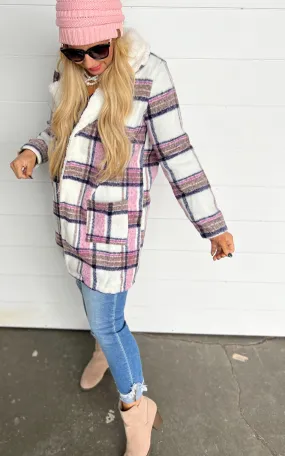 Faux Fur Collar Plaid Shacket Jacket