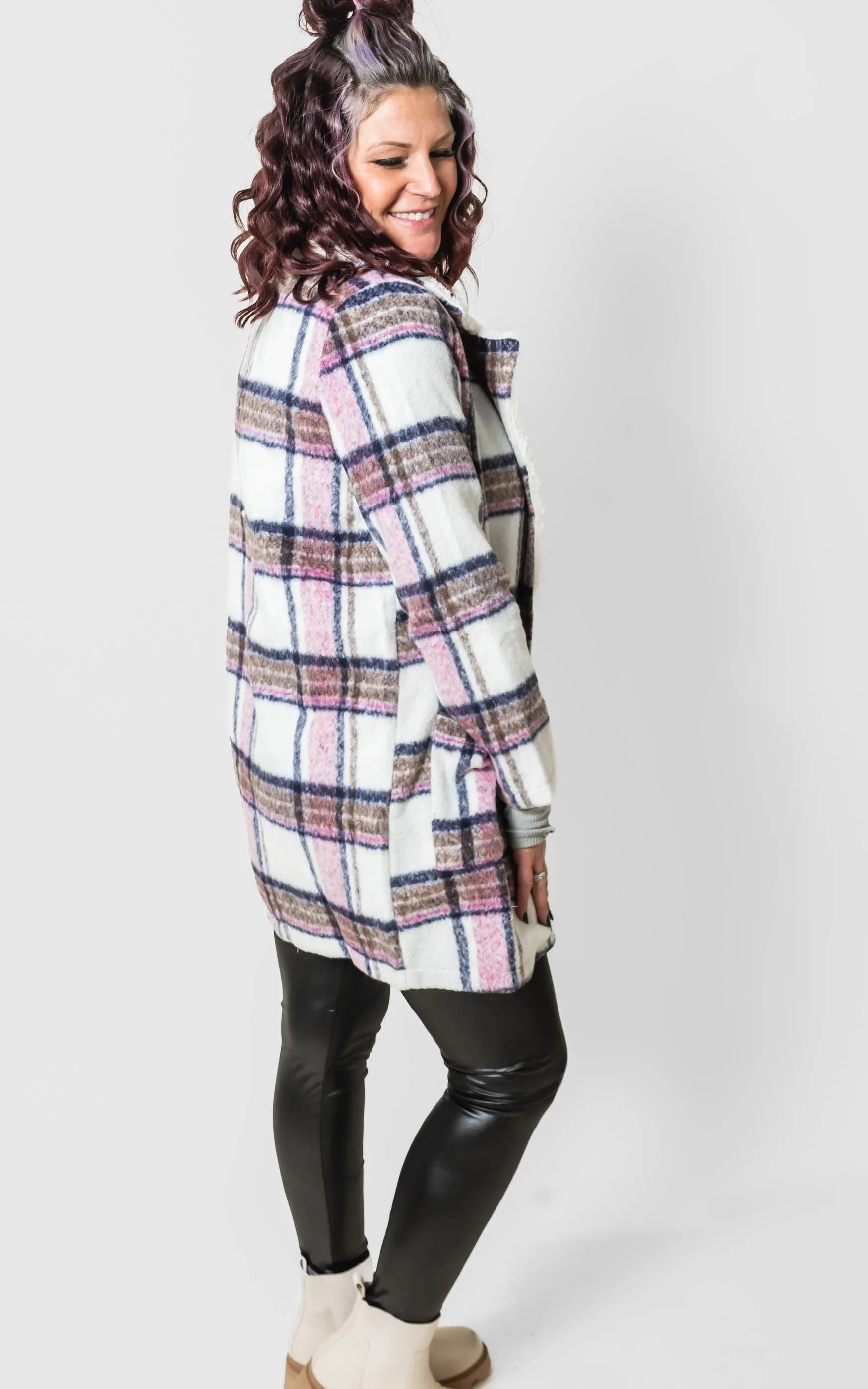 Faux Fur Collar Plaid Shacket Jacket