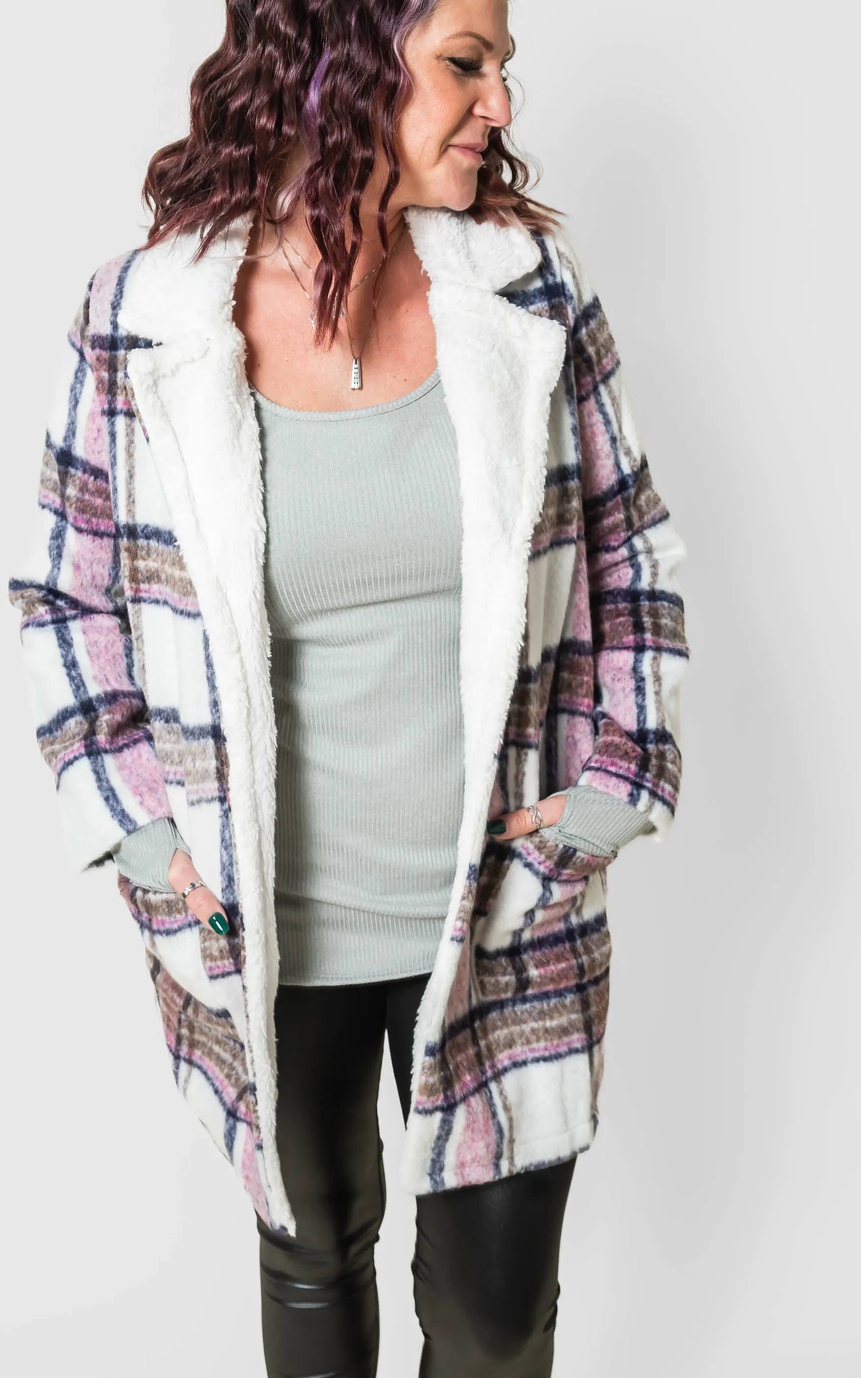 Faux Fur Collar Plaid Shacket Jacket