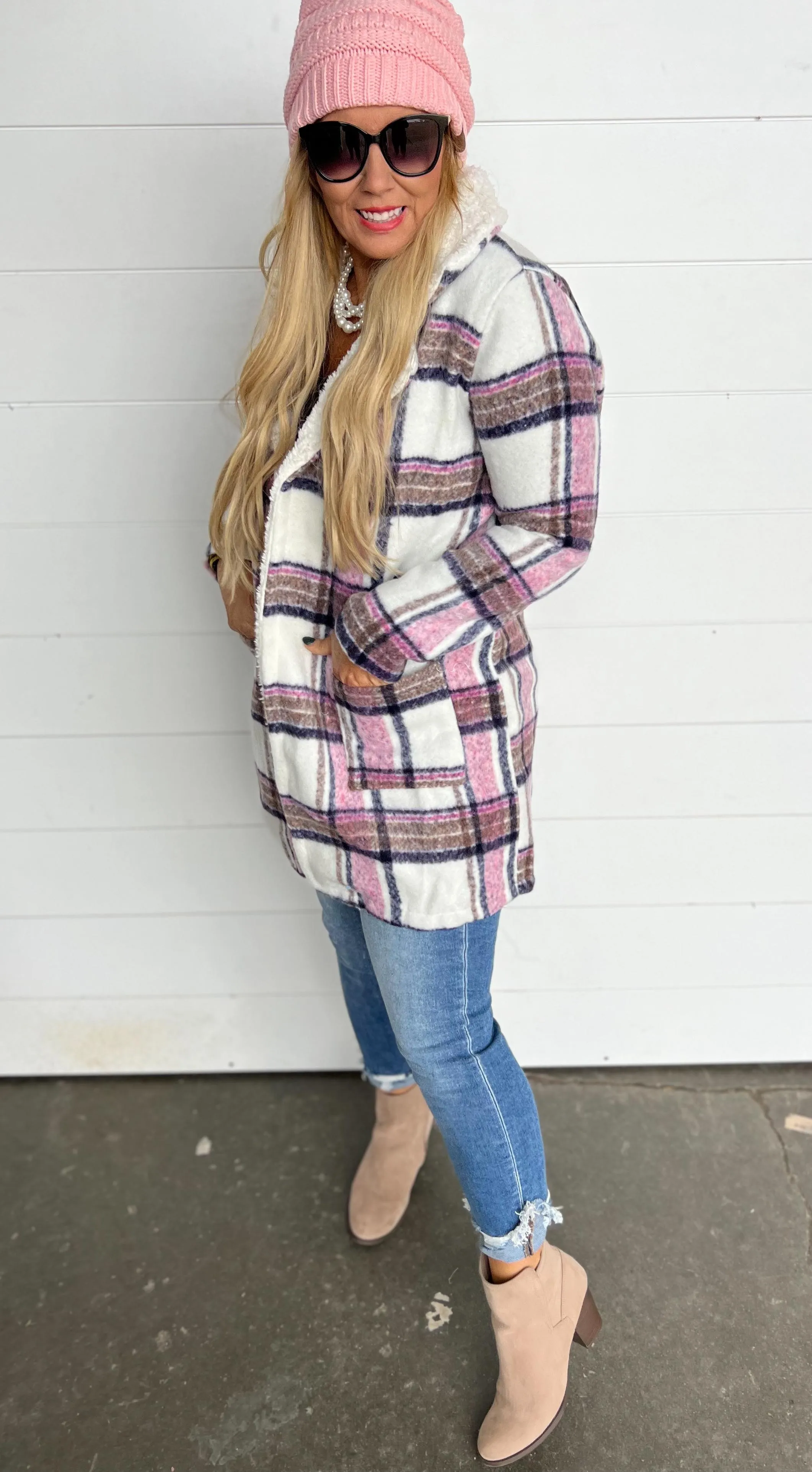 Faux Fur Collar Plaid Shacket Jacket