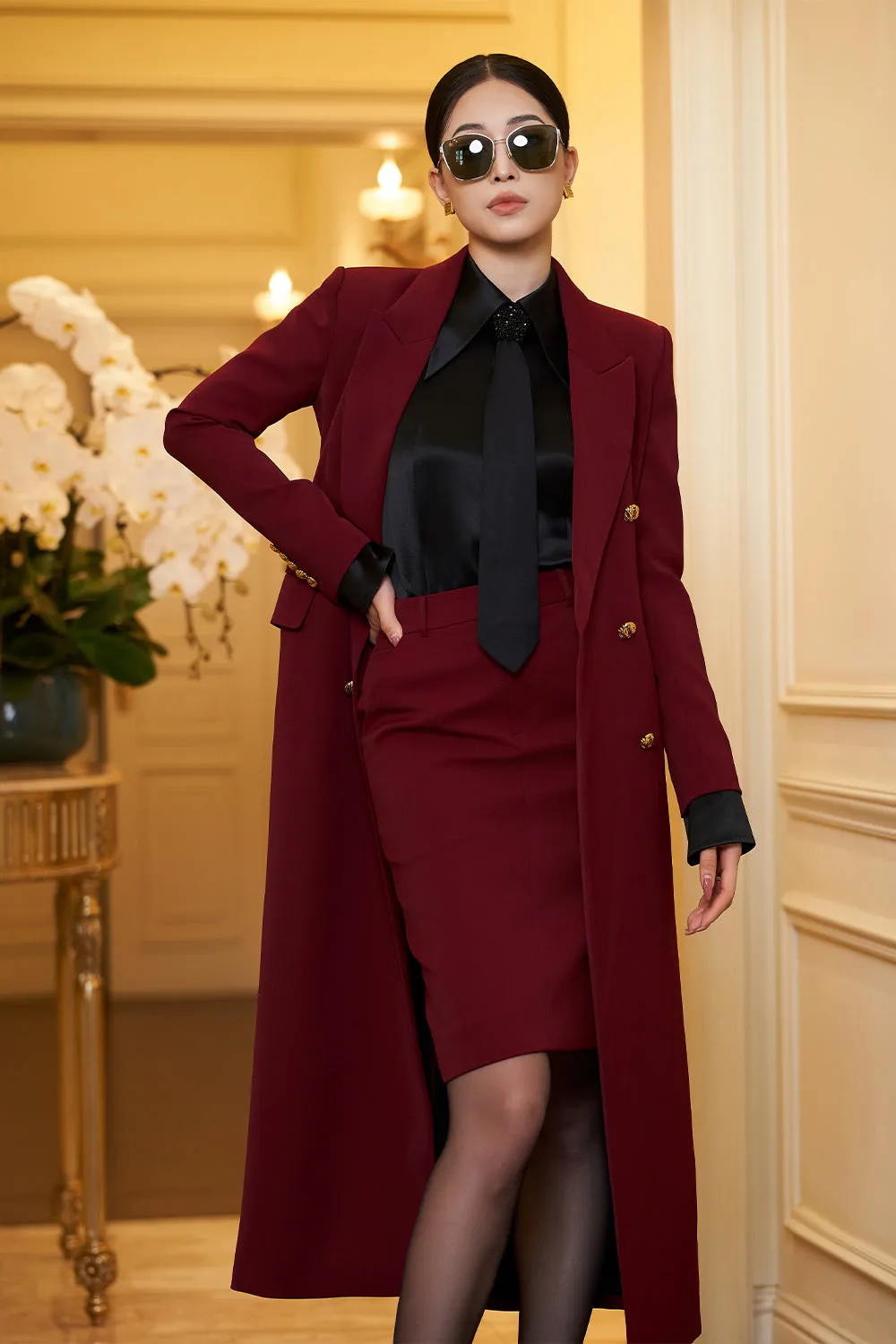 Francesca Straight Double Breasted Twill Midi Trench Coat