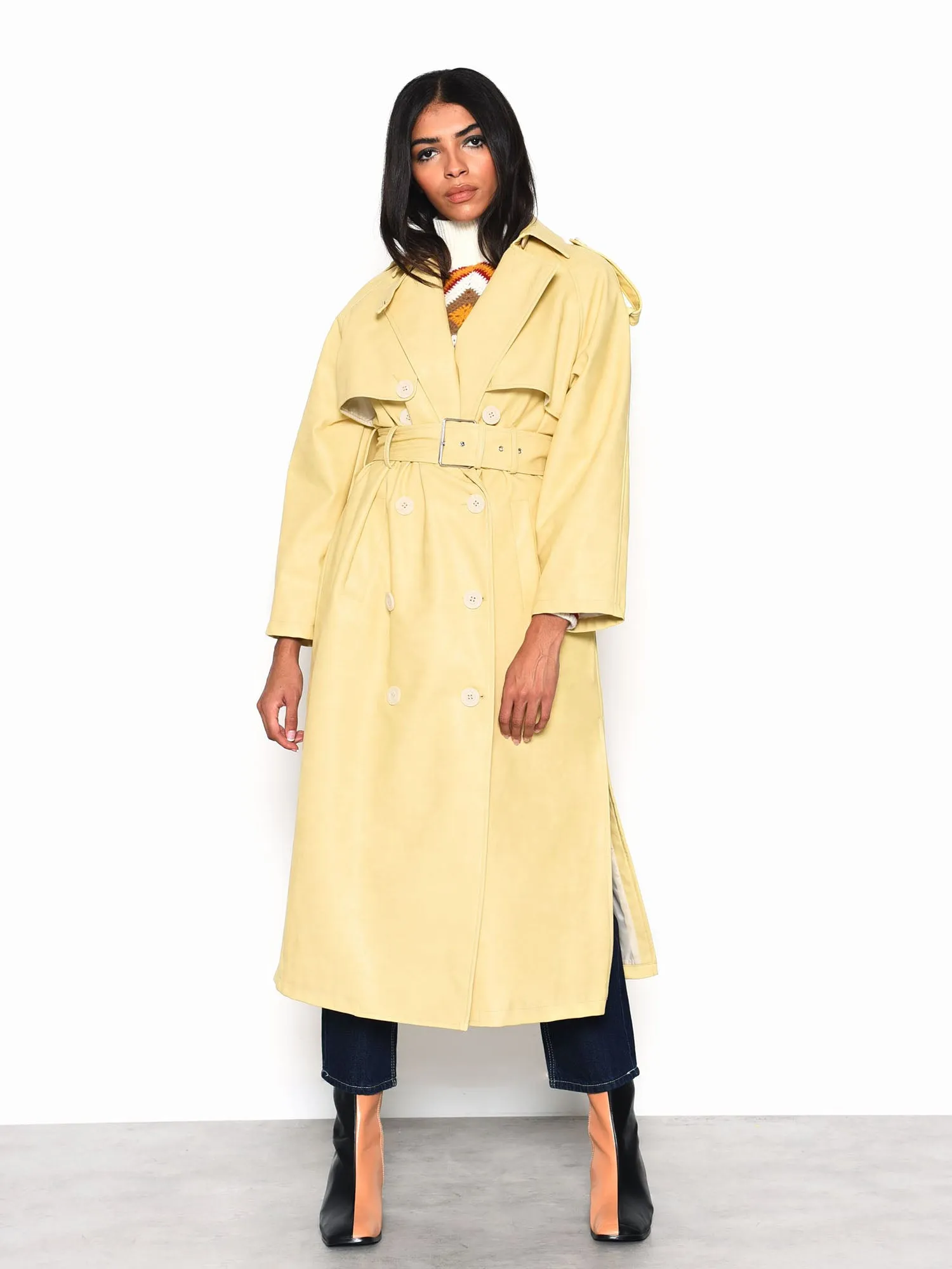 Glamorous Yellow Faux Leather Longline Trench Coat