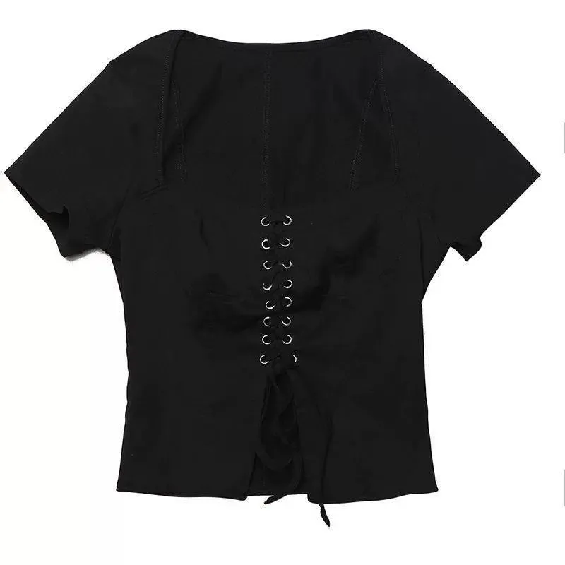 Gothic Punk Slimming Chest Tie Straps Short-sleeved Crop Tops