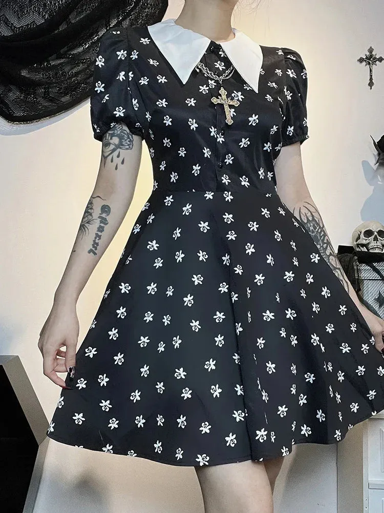 Gothic Short A-Line Down Cloak Bodycon Print Collar Punk Swing Turn Sleeve Frock