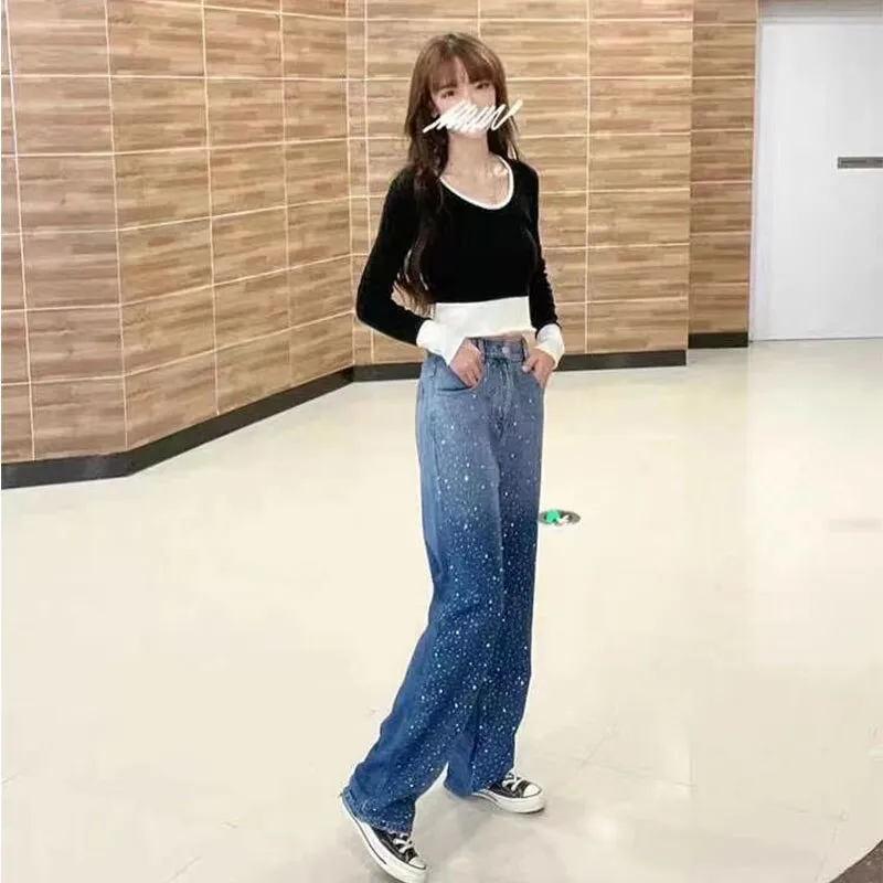 Gradient Rhinestone Studded Straight Jeans