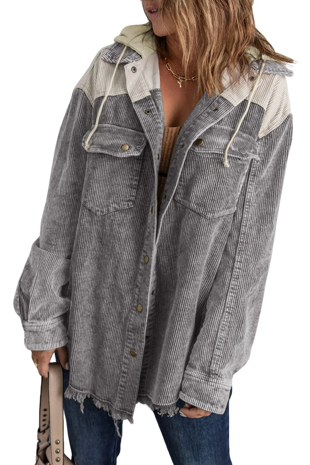 Gray Color Block Button Down Hooded Corduroy Jacket