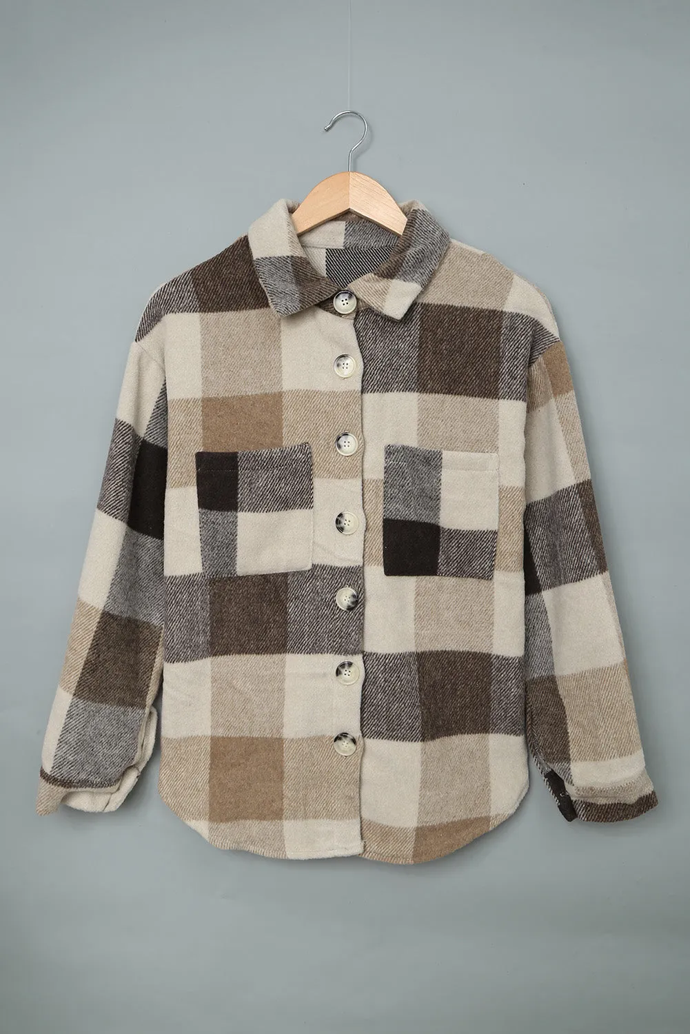 Grey Plaid Color Block Pockets Buttoned Shacket