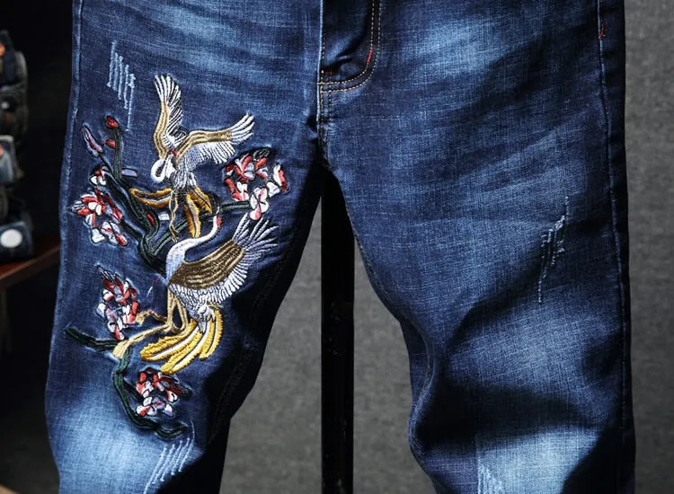 Half Side Embroidery Blue Denim Men Jeans