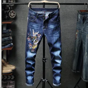 Half Side Embroidery Blue Denim Men Jeans