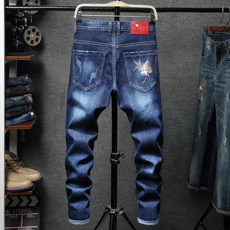 Half Side Embroidery Blue Denim Men Jeans