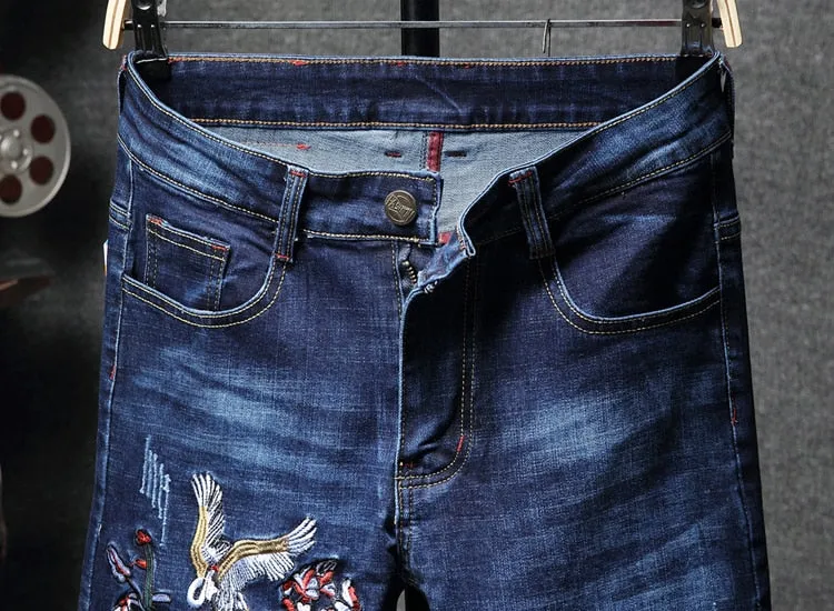 Half Side Embroidery Blue Denim Men Jeans