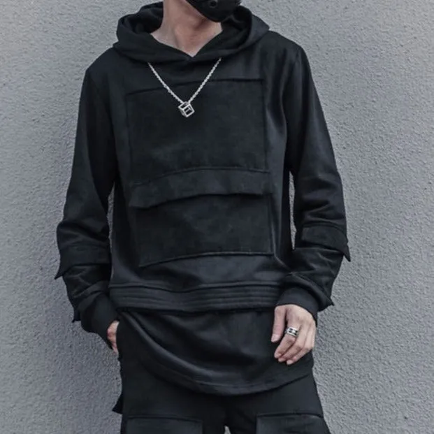 Harajuku Hoodie for Men Patchwork Design Black Sweatshirt Slim Autumn Dark Cotton Pullover Streetwear Men Clothing