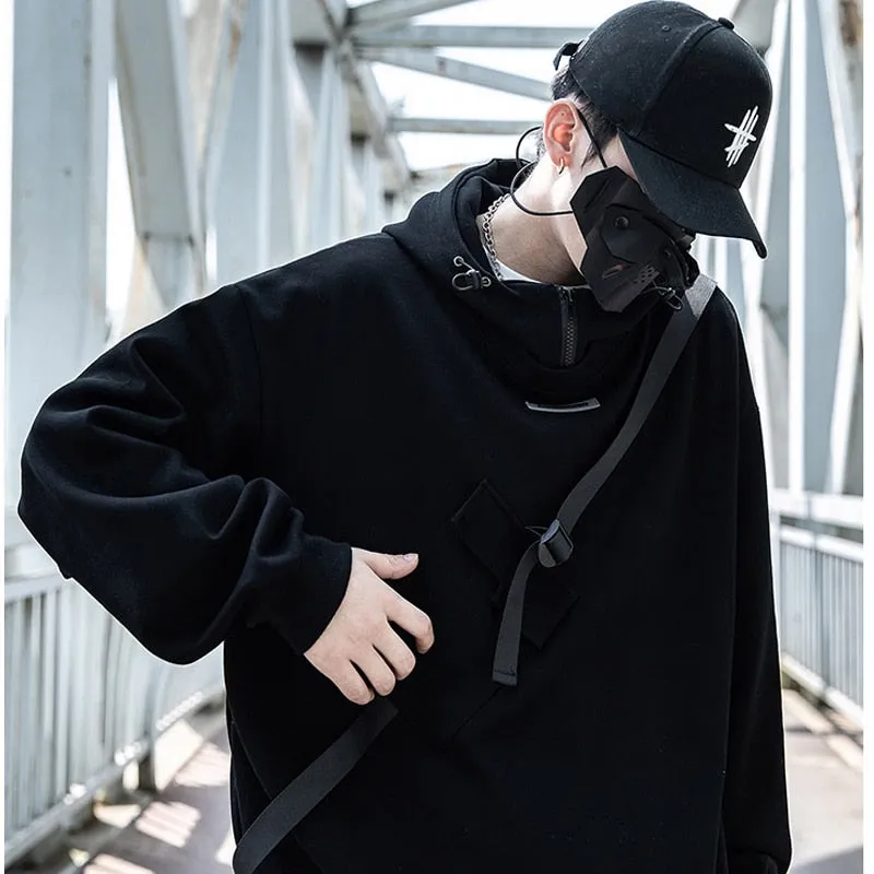 Harajuku Hoodies Men Ribbon Design Pullover Hip Hop Streetwear Hoodies Sweatshirts Techwear Black Techwear