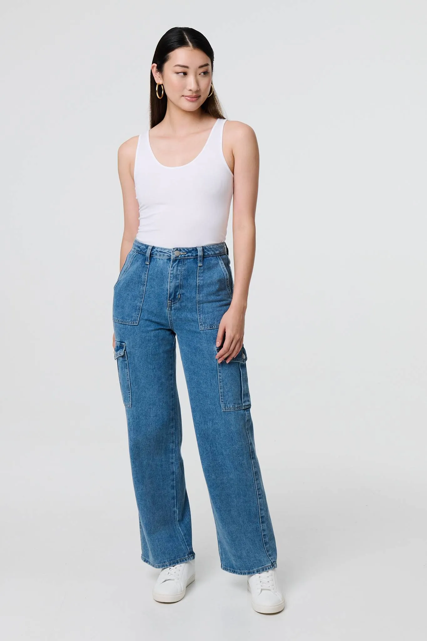 High Waist Denim Cargo Jeans