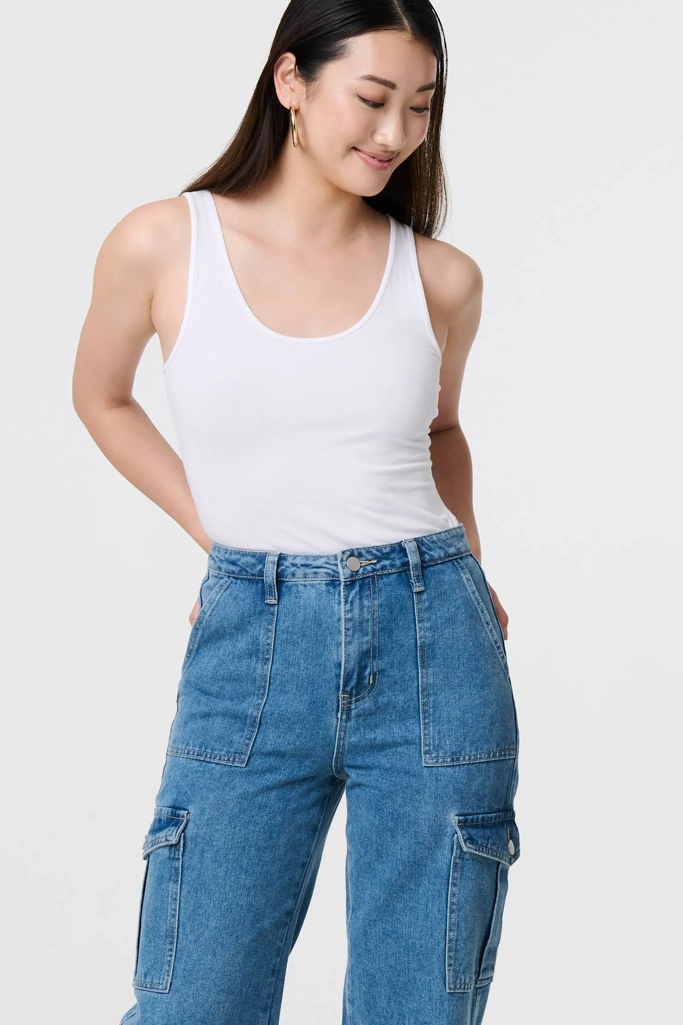 High Waist Denim Cargo Jeans