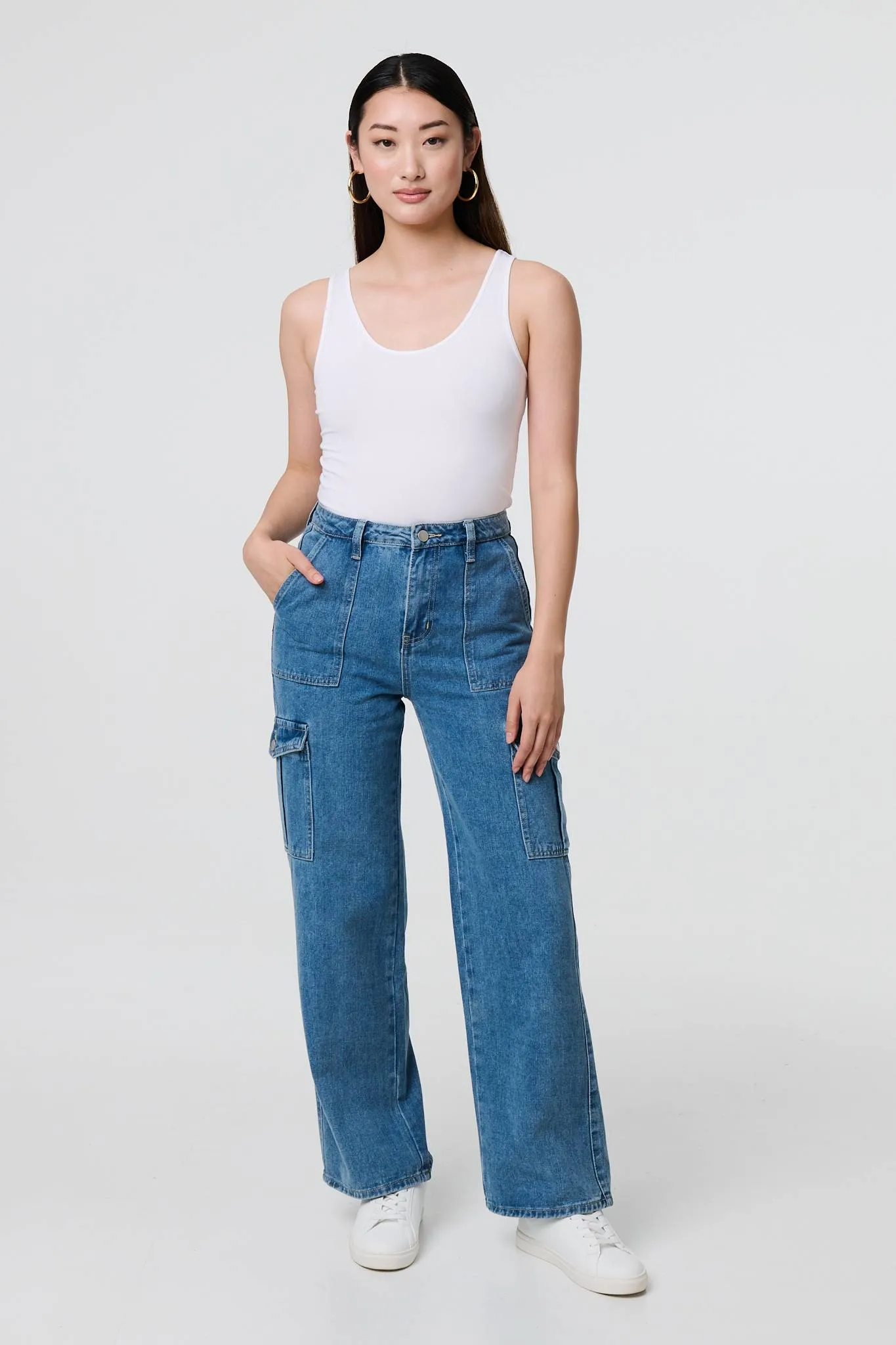 High Waist Denim Cargo Jeans