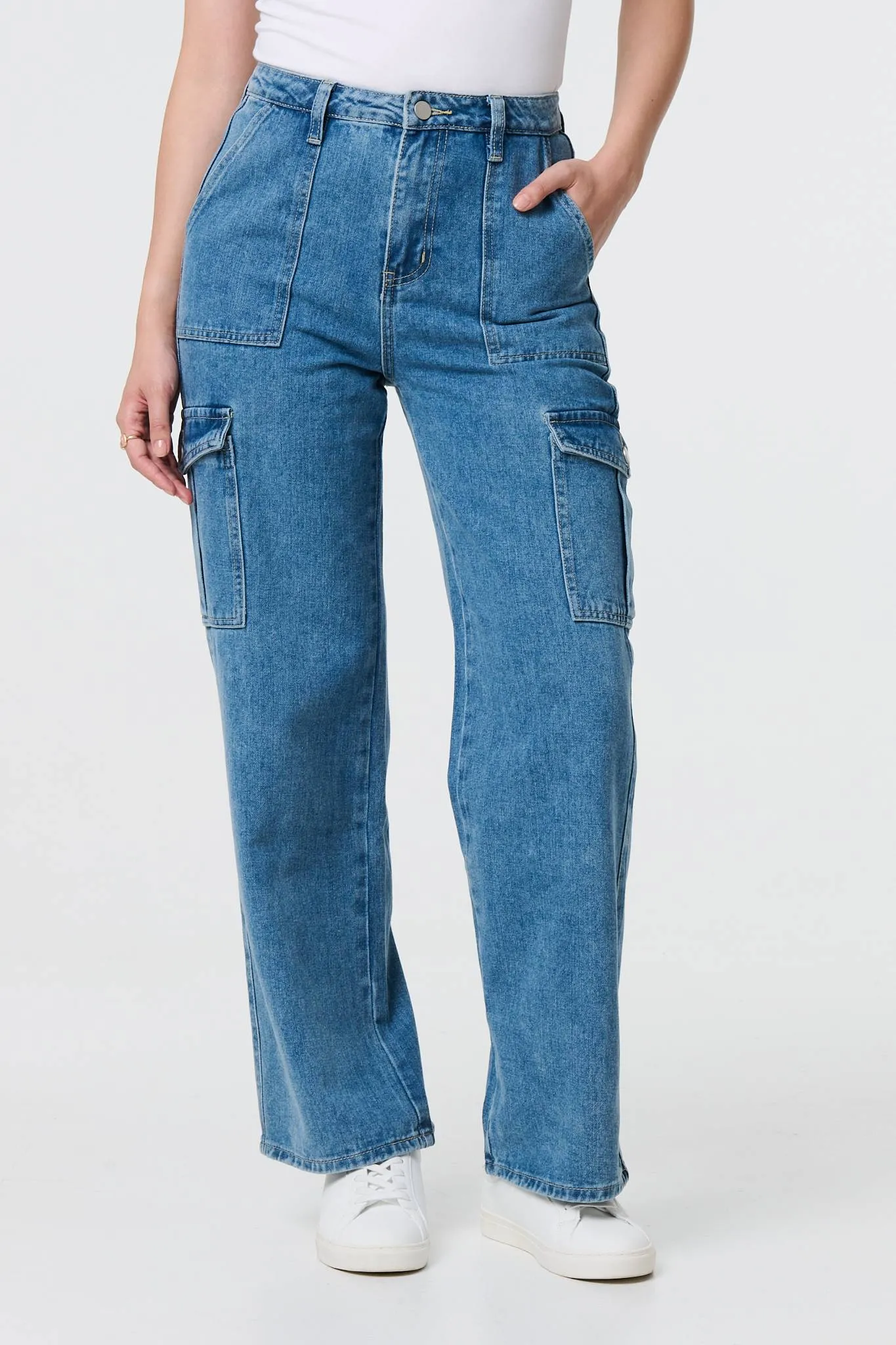 High Waist Denim Cargo Jeans