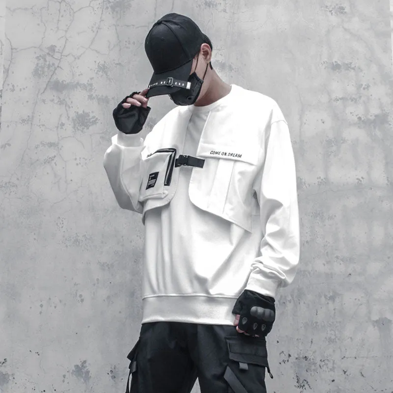 Hip Hop Fake Two Sweatshirt Men Patchwork Pocket Sweat Shirt Fashion Harajuku Functional Pullover Black Men Clothes