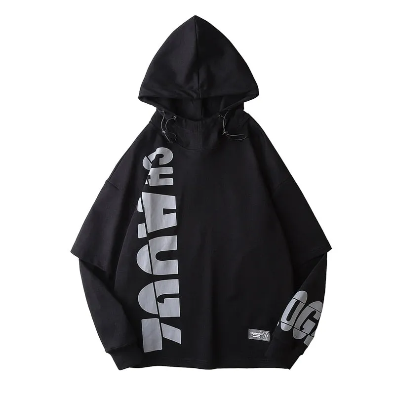 Hip Hop Streetwear Hoodie Sweatshirt Fake two Piece Letter Print Pullover Men Harajuku Hoodies Tops WB402