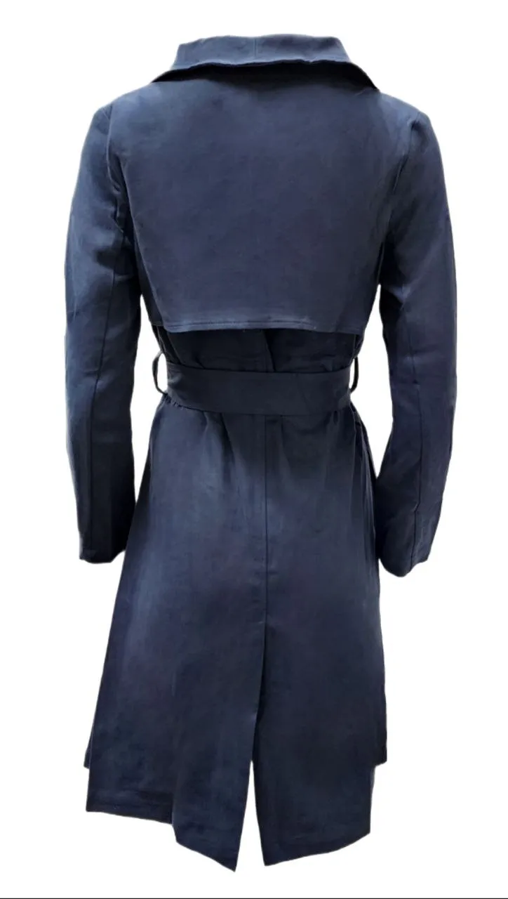 HoodLamb Women's Navy Lightweight Natural Hemp Trench Coat 420 NWT