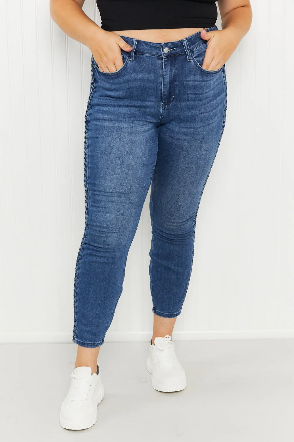 Judy Blue Stevie Full Size Mid-Rise Braided Detail Relaxed Jeans