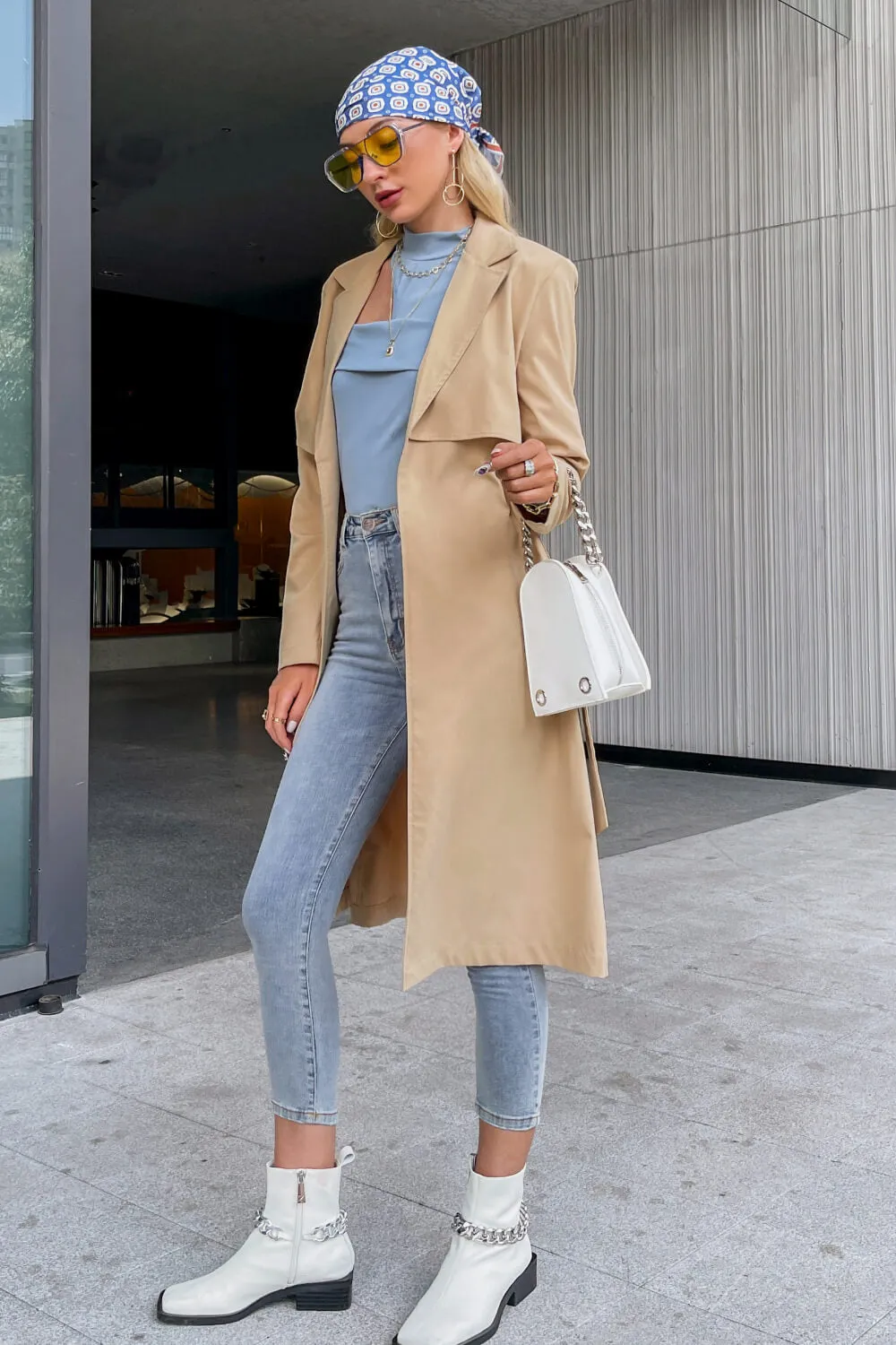 Lapel Collar Belted Trench Coat with Pockets