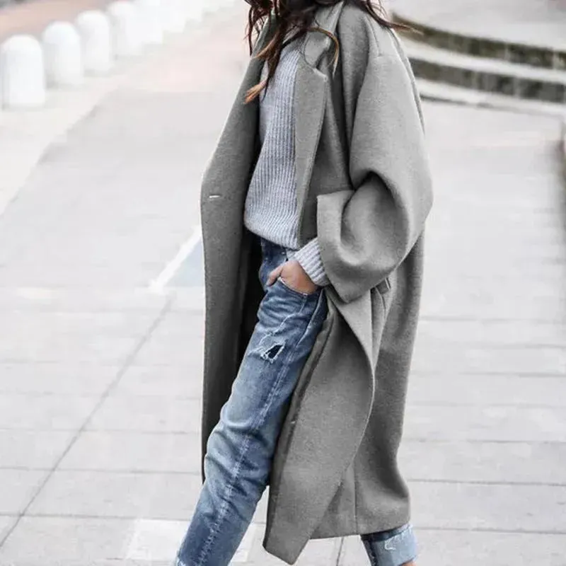 Lapel Single Breasted Women Winter Solid Woolen Trench Coat Long Jacket