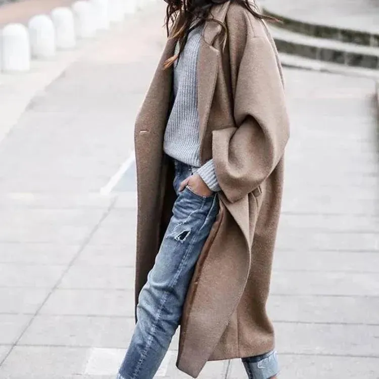 Lapel Single Breasted Women Winter Solid Woolen Trench Coat Long Jacket