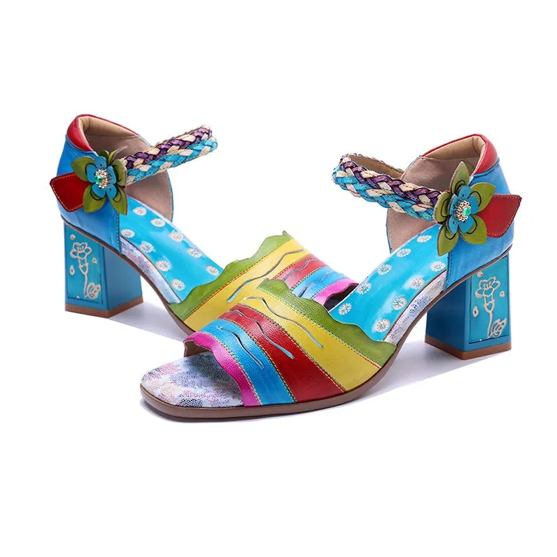 Leather Printing Open Toe 65mm Block Heel Sandals in Blue