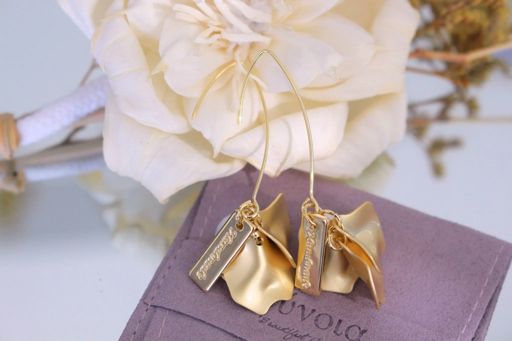 Leilani 14k Gold Plated Earrings w. Golden Lotus Leaves w. Pearl | Minimalist Chic