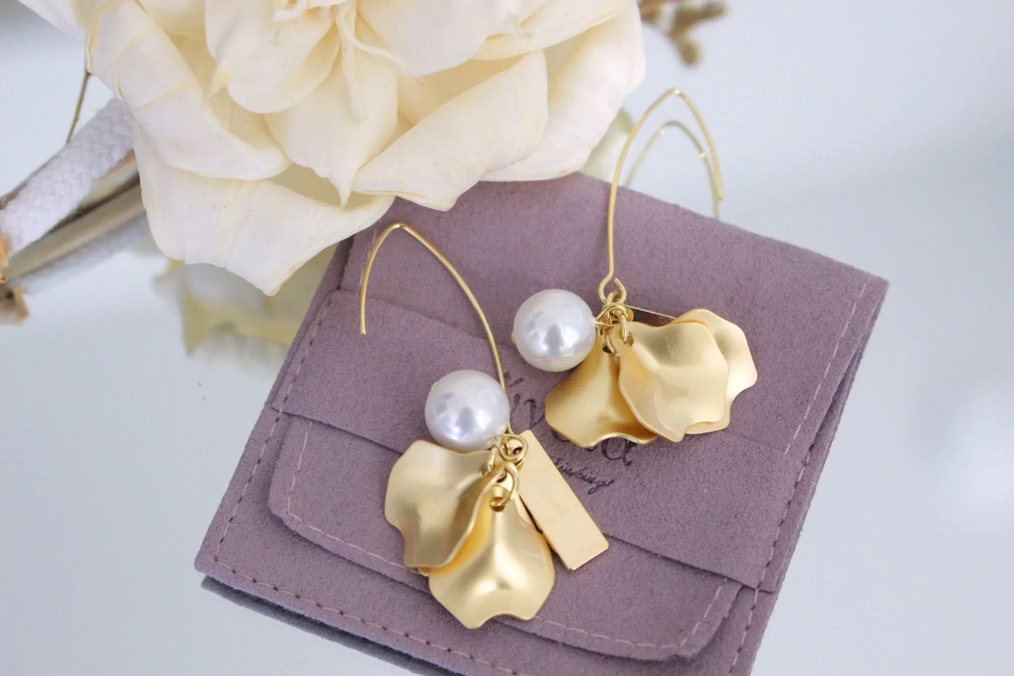 Leilani 14k Gold Plated Earrings w. Golden Lotus Leaves w. Pearl | Minimalist Chic