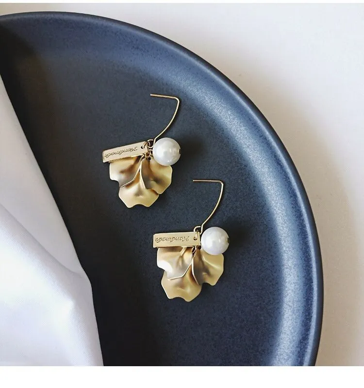 Leilani 14k Gold Plated Earrings w. Golden Lotus Leaves w. Pearl | Minimalist Chic