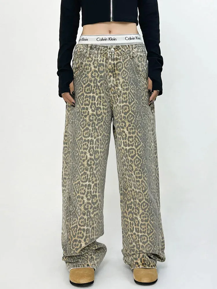 Leopard Print Wide Leg Jeans - Retro Streetwear Style