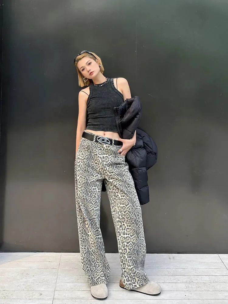 Leopard Print Wide Leg Jeans - Retro Streetwear Style