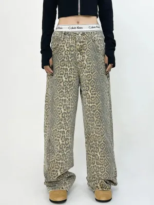 Leopard Print Wide Leg Jeans - Retro Streetwear Style