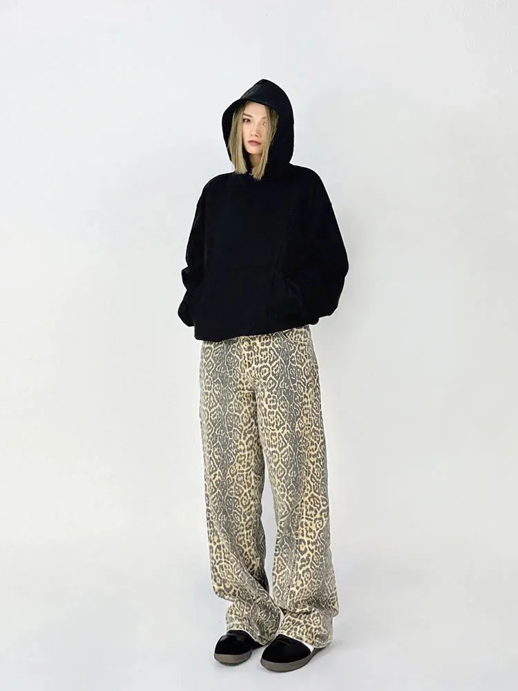 Leopard Print Wide Leg Jeans - Retro Streetwear Style