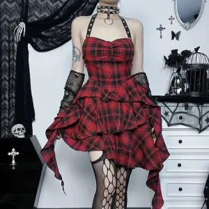 Mall Goth Lolita Red Plaid Streetwear Harajuku Punk Y2K E-girl High Waist IrRegular Gothic Dress