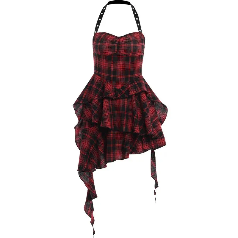 Mall Goth Lolita Red Plaid Streetwear Harajuku Punk Y2K E-girl High Waist IrRegular Gothic Dress