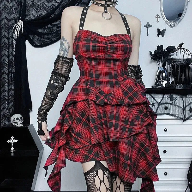 Mall Goth Lolita Red Plaid Streetwear Harajuku Punk Y2K E-girl High Waist IrRegular Gothic Dress