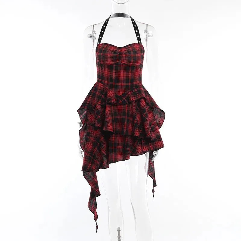 Mall Goth Lolita Red Plaid Streetwear Harajuku Punk Y2K E-girl High Waist IrRegular Gothic Dress