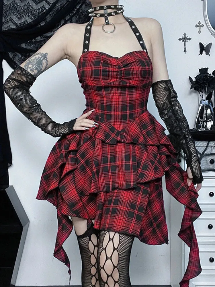 Mall Goth Lolita Red Plaid Streetwear Harajuku Punk Y2K E-girl High Waist IrRegular Gothic Dress