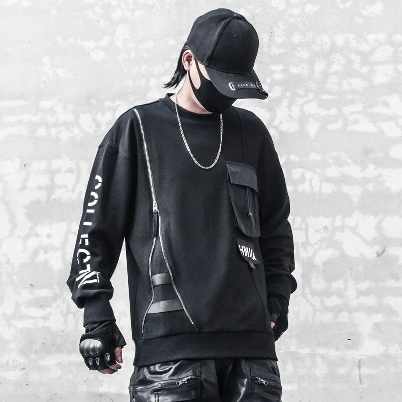 Men Black Patchwork Sweatshirt Hip Hop Vintage O-Neck Pullover Fashion Harajuku Sweat Shirt Tops Men Clothing