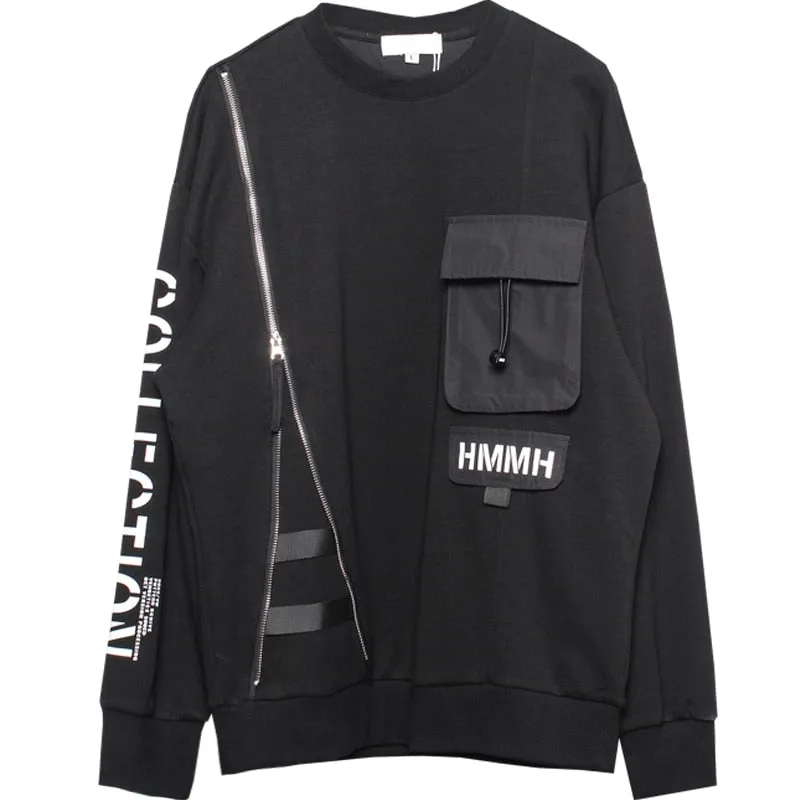 Men Black Patchwork Sweatshirt Hip Hop Vintage O-Neck Pullover Fashion Harajuku Sweat Shirt Tops Men Clothing