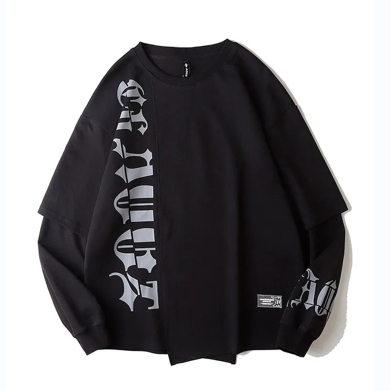 Men Fake Two Pieces Sweatshirts Women Oversized Letter Printed Pullover Hip Hop Streetwear Harajuku O-Neck Loose Sweat Shirts