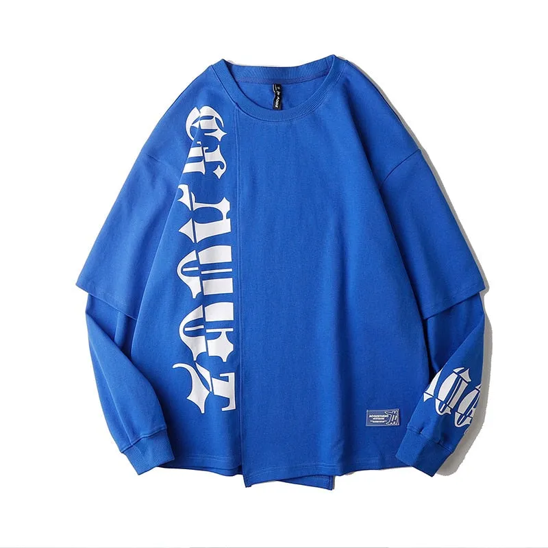 Men Fake Two Pieces Sweatshirts Women Oversized Letter Printed Pullover Hip Hop Streetwear Harajuku O-Neck Loose Sweat Shirts