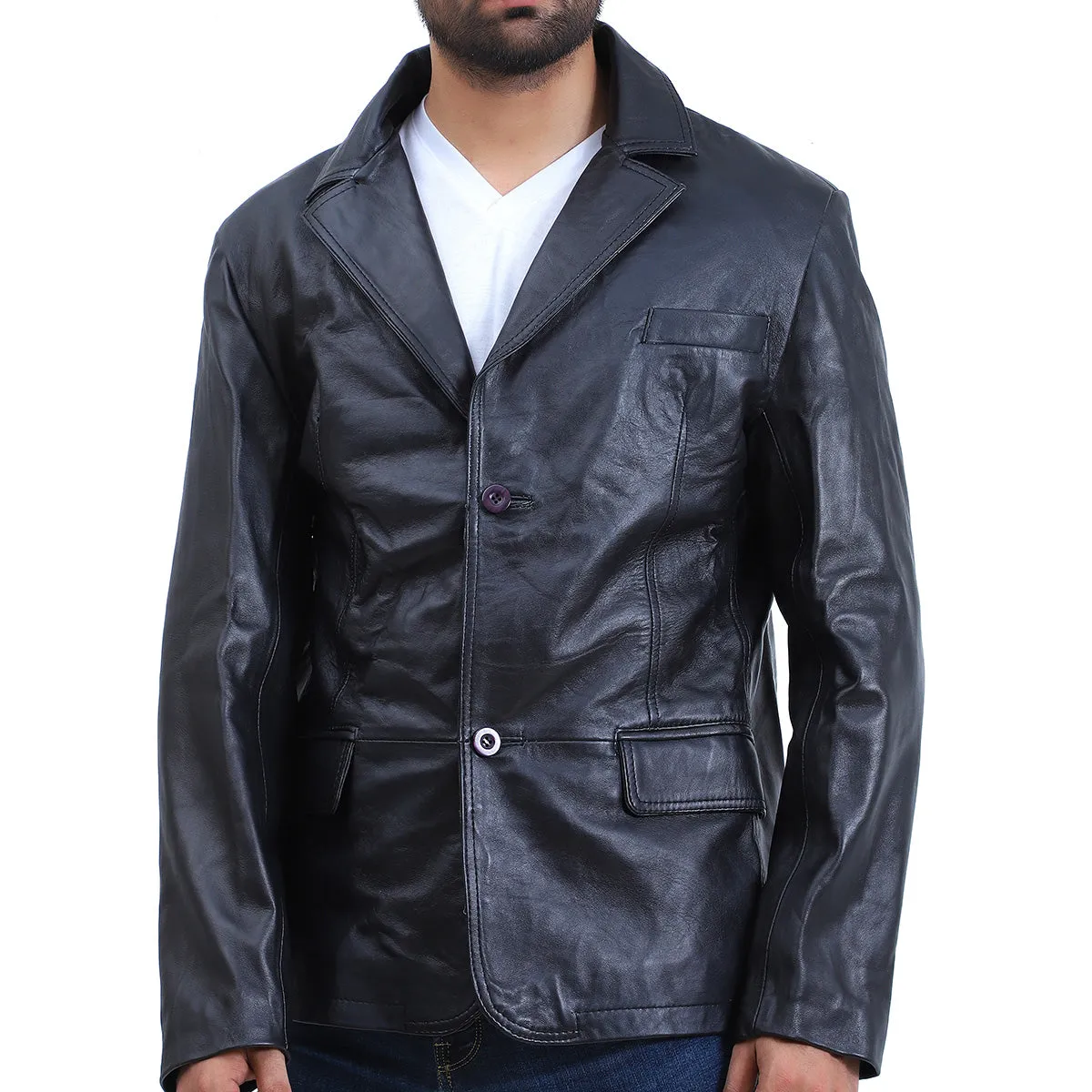 Men's 2 Button Black Leather Coat